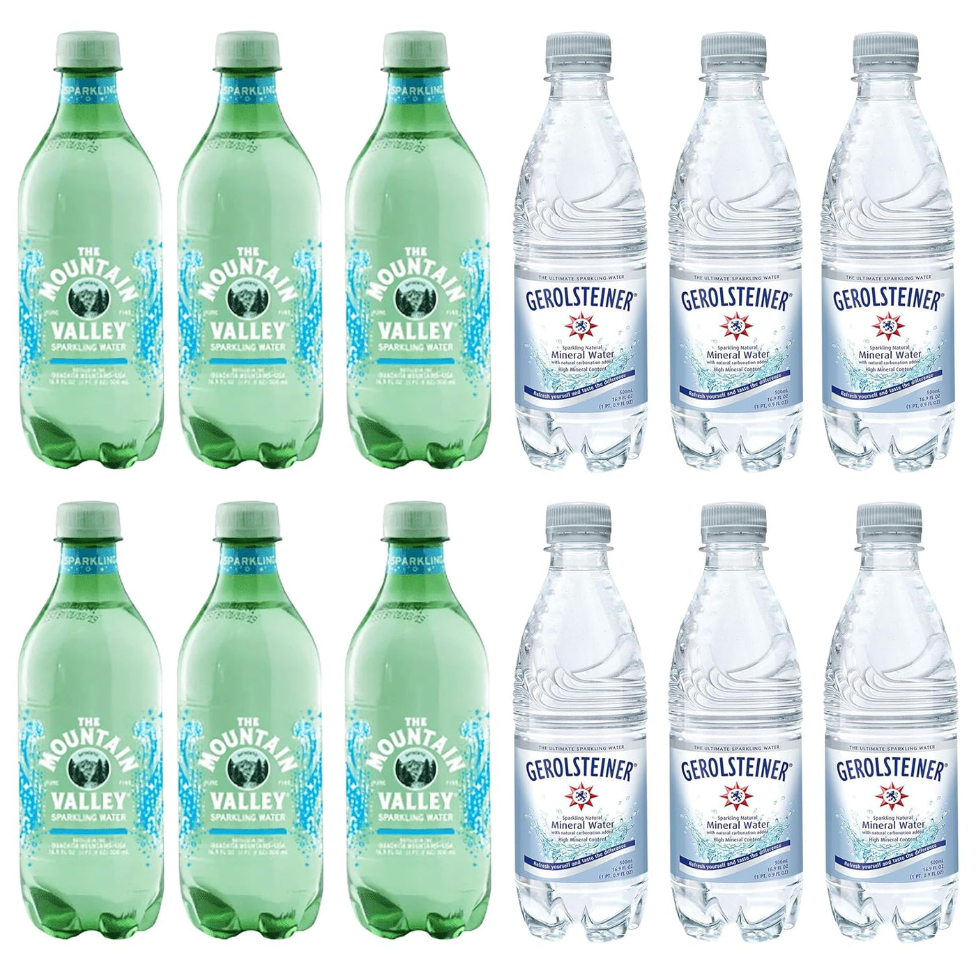 BLUE RIBBON Water Variety, Pack of 12, 6 Mountain Valley Spring (16.9 Oz) + 6 Gerolsteiner Sparkling Mineral (16.9 Oz), PLASTIC Bottles