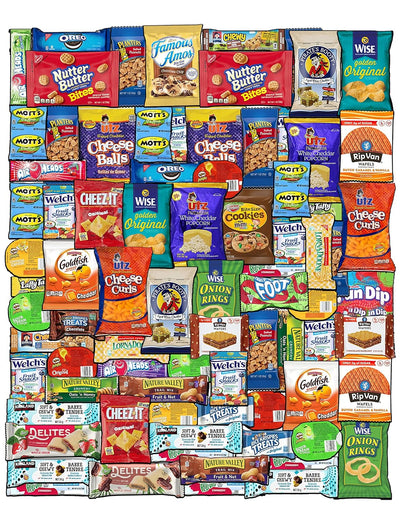 BLUE RIBBON Snack Box Care Package Variety Pack (90 Count) Ultimate Sampler Mixed Bars Cookies Chips Candy Snacks Box for Office Schools Friends Family College Students Women Men Adult Kid Teens Gift Basket for Everyone