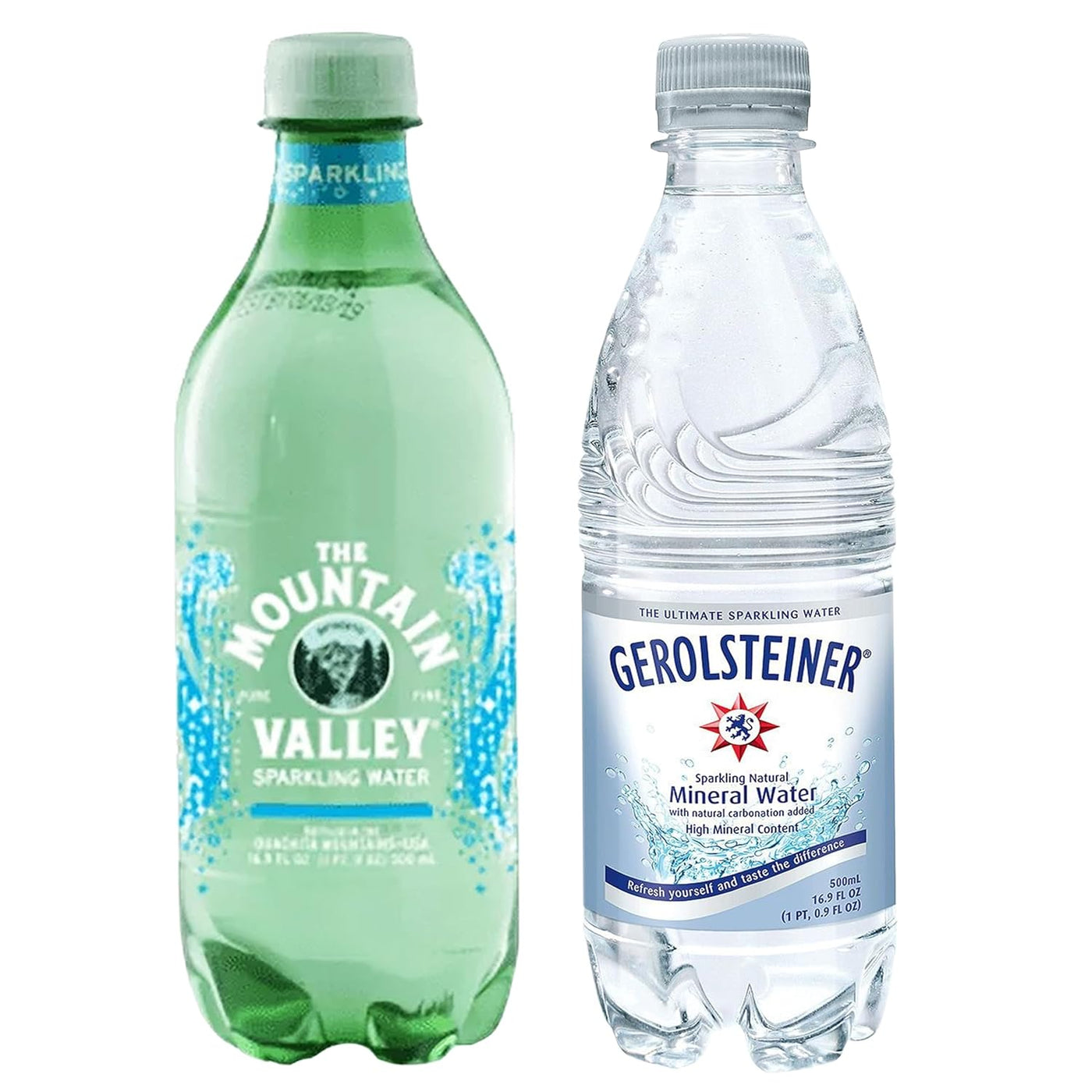 BLUE RIBBON Water Variety, Pack of 12, 6 Mountain Valley Spring (16.9 Oz) + 6 Gerolsteiner Sparkling Mineral (16.9 Oz), PLASTIC Bottles