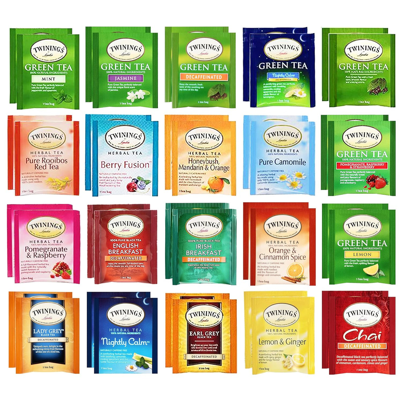 Blue Ribbon Tea Bags Sampler Herbal and Green Teas (40 Count) 20 Flavors Gifts for Mom Dad Family Coworkers Friends Women Men Herbal and Green Tea Lovers - Pack of 2 (Total 80 Count Tea Bags)