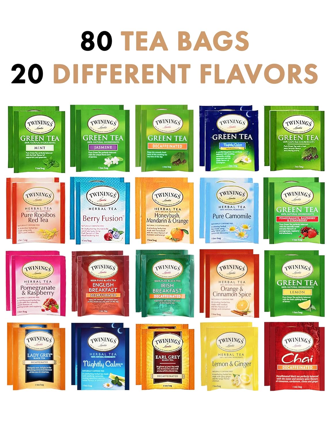 Blue Ribbon Tea Bags Sampler Herbal and Green Teas (40 Count) 20 Flavors Gifts for Mom Dad Family Coworkers Friends Women Men Herbal and Green Tea Lovers - Pack of 2 (Total 80 Count Tea Bags)