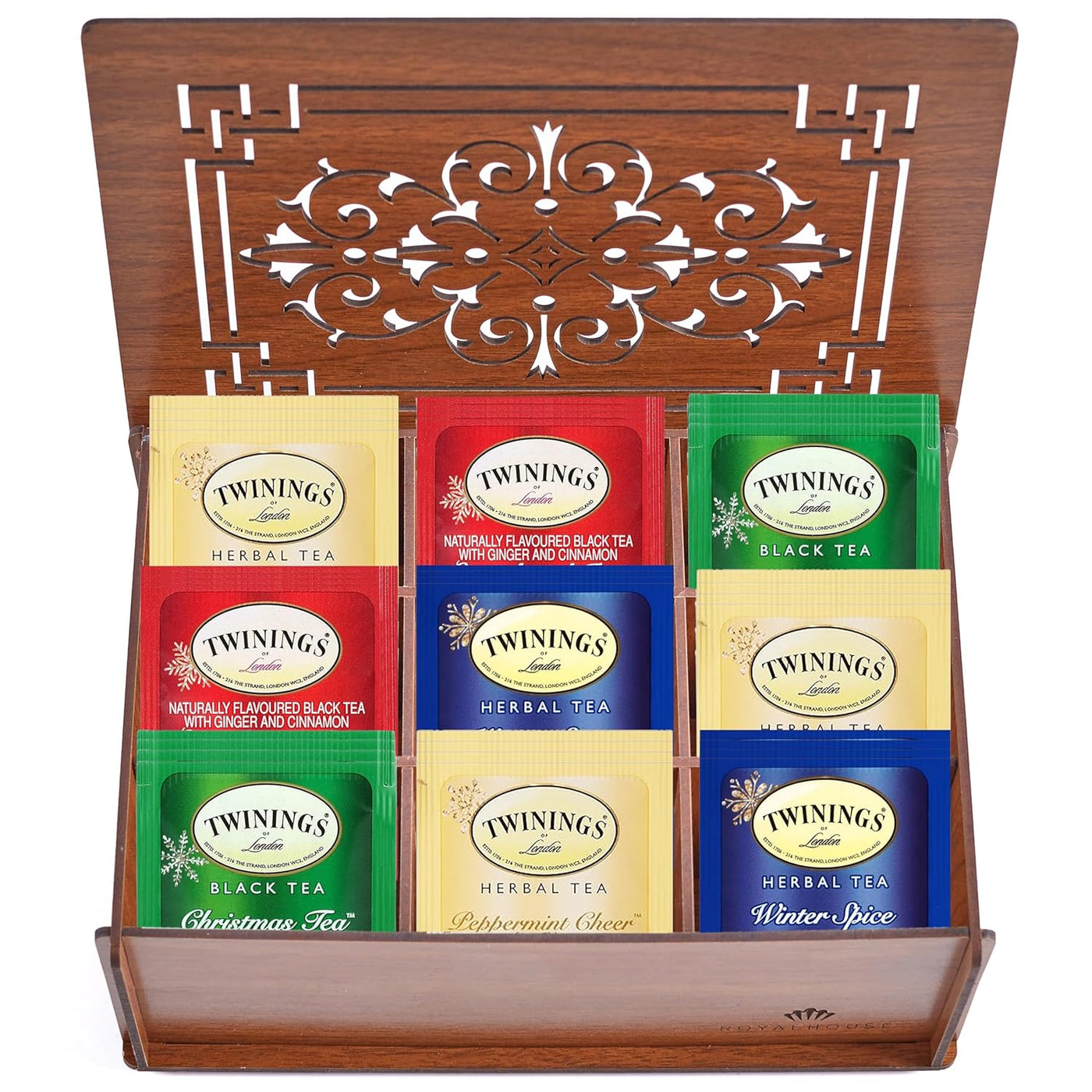 BLUE RIBBON Twinings Tea Bags in Bamboo Gift Box (80 Count) 4 Seasonal Collection Flavors Perfect Seasonal Gifts for Women Men Friends Couples Mom Dad