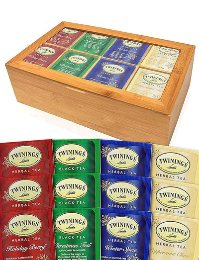 Twinings Holiday Variety Tea Bags in Bamboo Gift Box (40 Count) 4 Different Flavors Gift Sampler Basket Assortment Box Gift for Family Her Him Friends Coworkers