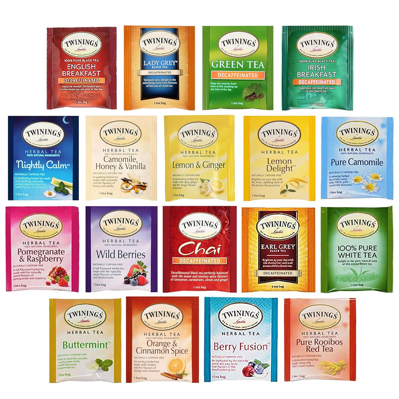 Blue Ribbon Herbal and Decaf Tea Bags Sampler Assortment Variety Pack Gift Box - 20 Count 20 Flavors - Perfect Variety - Gifts for Mom Dad Family Coworkers Friends Women Men Herbal and Green Tea Lovers