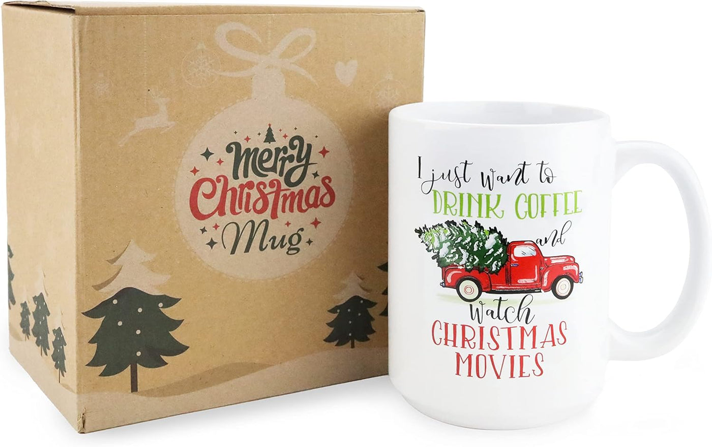 BLUE RIBBON Christmas Coffee Mug, Holiday Coffee Mug, 15 Oz ‘’I Just Want to DRINK COFFEE Watch CHRISTMAS MOVIES’’