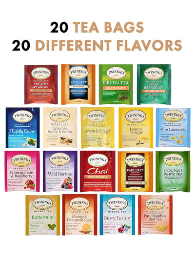 Blue Ribbon Herbal and Decaf Tea Bags Sampler Assortment Variety Pack Gift Box - 20 Count 20 Flavors - Perfect Variety - Gifts for Mom Dad Family Coworkers Friends Women Men Herbal and Green Tea Lovers